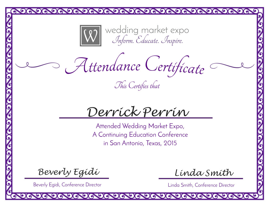Attendance Certificate, Wedding Market Expo - San Antonio 2015